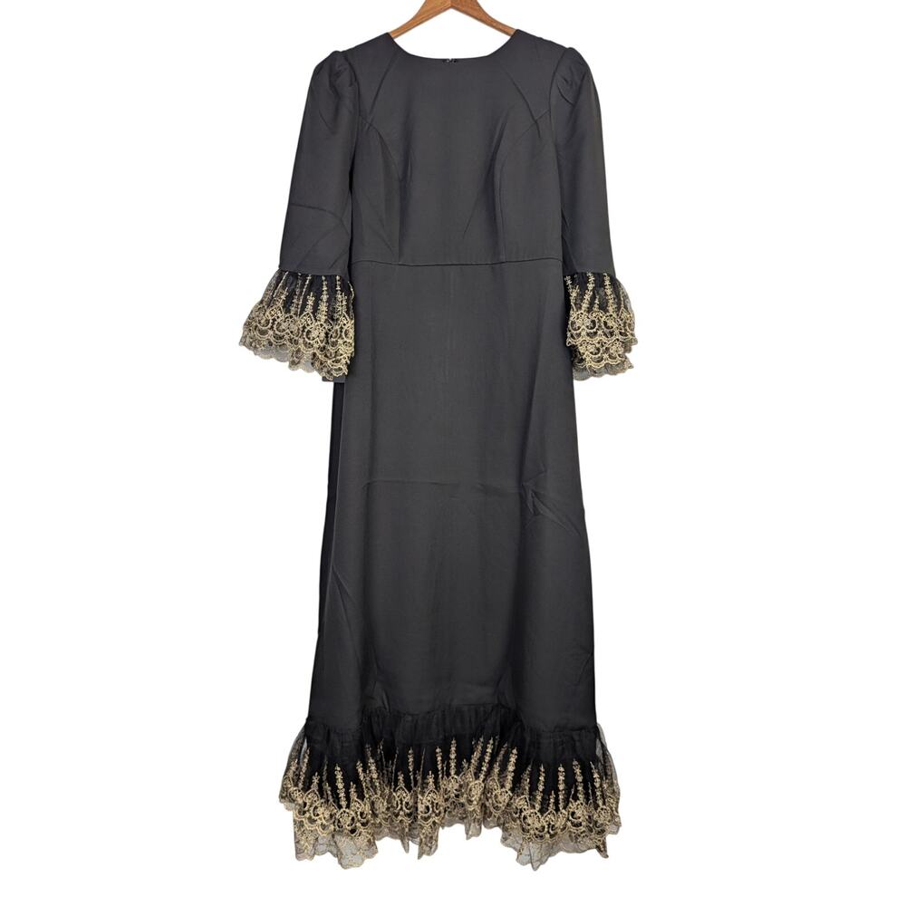 Pomander Place Tuckernuck Maxi Cocktail Dress Black Gold Lace Trim Lilith Medium